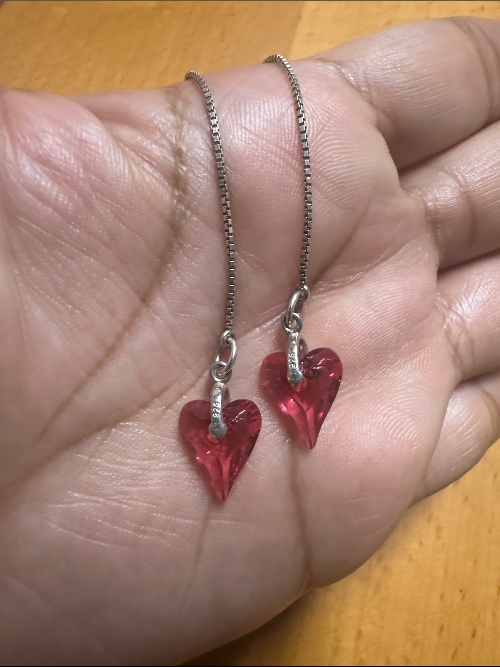 Sterling Silver Threader Earrings with Pink Heart Crystal Drops